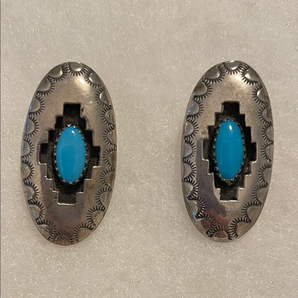 Turquoise and Silver Oval Earrings - Picture 4 of 4
